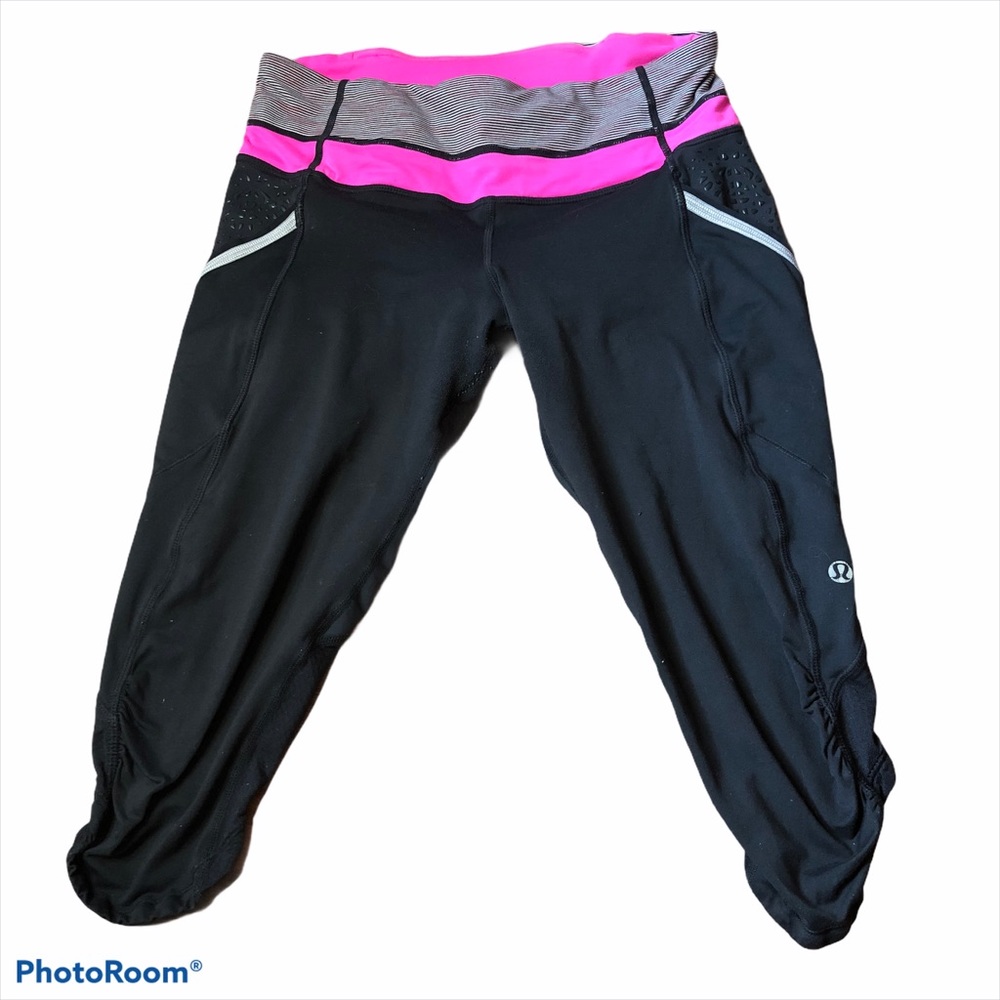 Lululemon Crop Leggings Black Pink Run Athletic